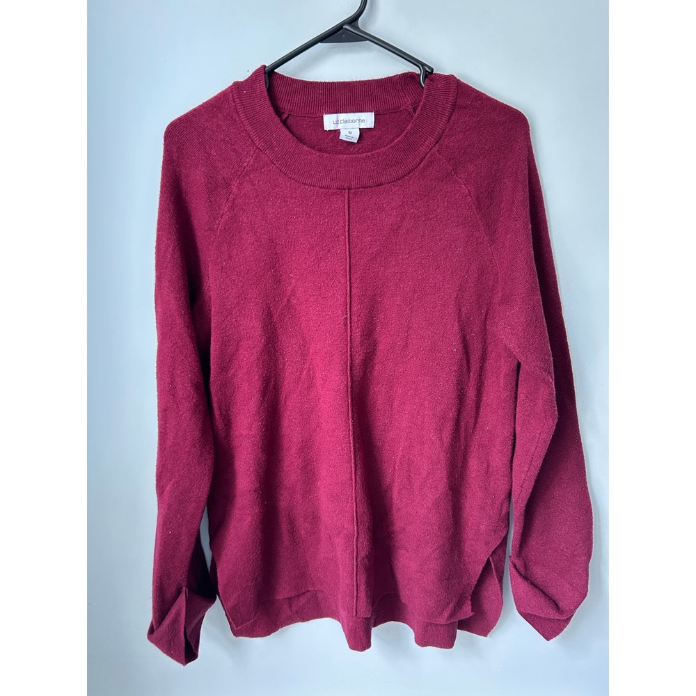 Liz Claiborne Womens Burgundy Crew Neck Raglan Sleeve Seam Front Sweater Size M